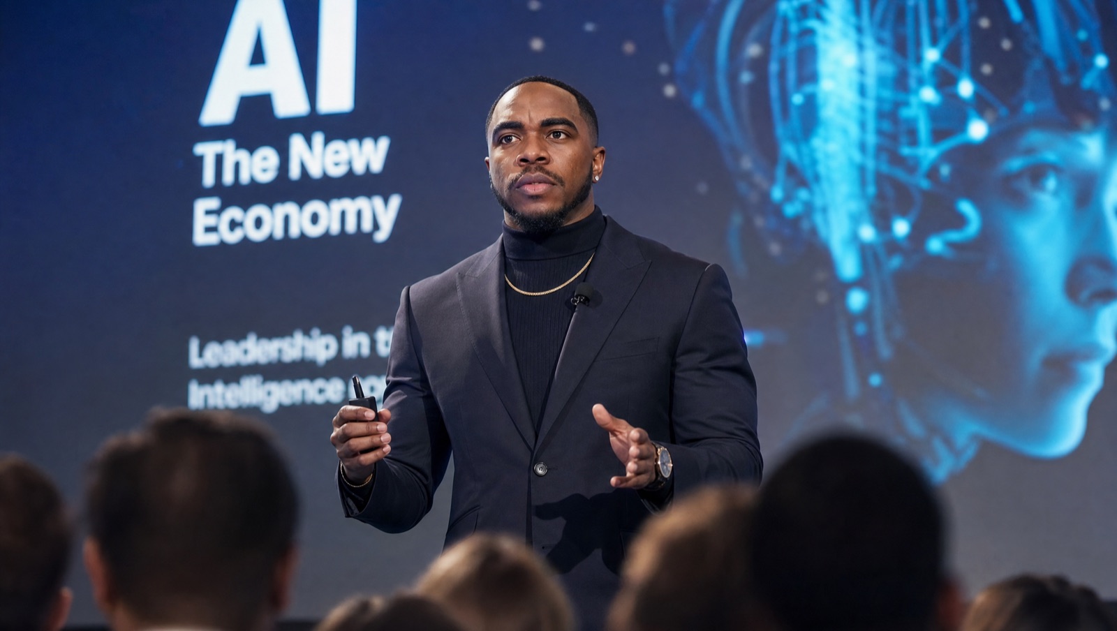 Cyriac Zeh speaking on stage at AI: The New Economy